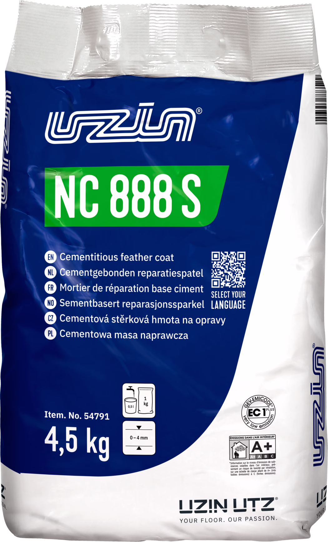 Fénykép egy 4,5 kg-os UZIN NC 888 S zsákról, cementalapú javító- és kiegyenlítő habarcsról (cementitious feather coat). A csomagolás kék-fehér, zöld NC 888 S felirattal és az UZIN logóval felül. A csomagon látható a terméknév, többnyelvű leírások, egy QR-kód 'Select your language', cikkszám 54791, keverési piktogram (kb. 0,5 l víz / 1 kg), javasolt rétegvastagság 0–4 mm, EC1 Plus alacsony kibocsátású tanúsítvány és A+ jelzés. Felhasználás: cementbázisú javító- és kiegyenlítő habarcs padlókhoz. A '4,5 kg' súly jól látható. A csomagoláson gyűrődések és vonalkód a jobb szélén.