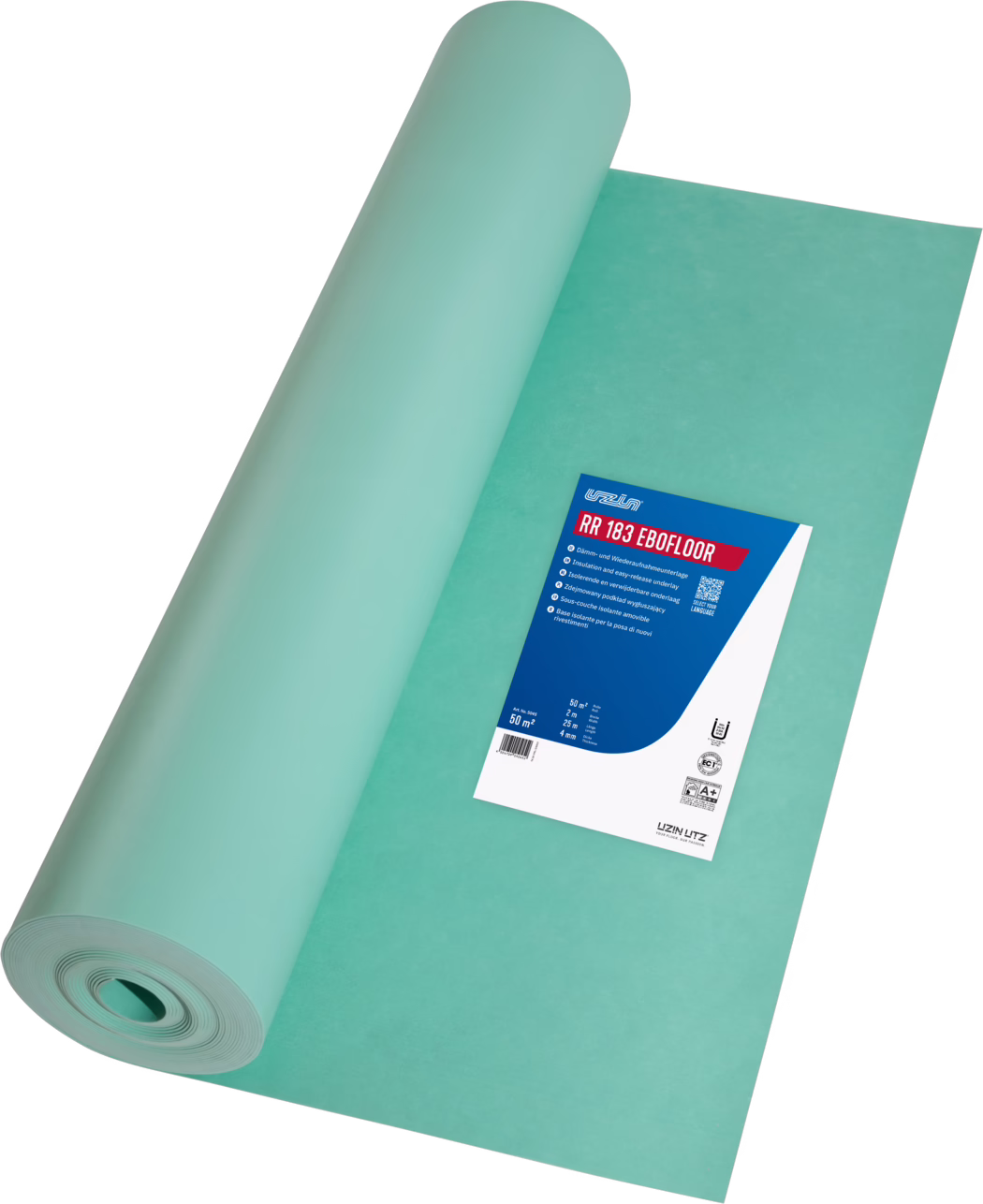 UZIN_Dummy_RR 183 Ebofloor_2024-06 Un rouleau de sous-couche de sol turquoise partiellement déroulé sur fond blanc. Une étiquette produit bleu et blanche avec la marque et des informations techniques est visible.