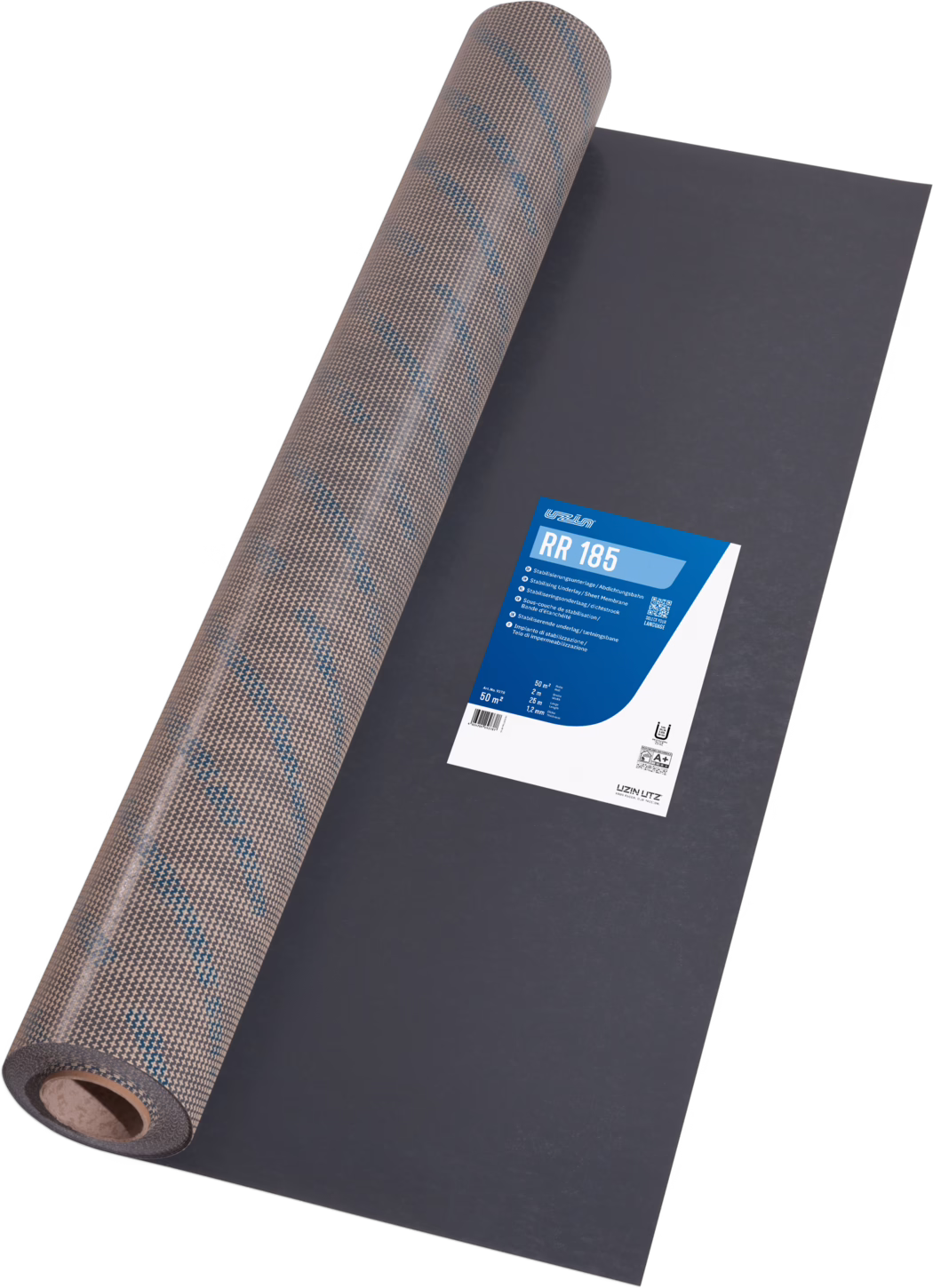 UZIN_Dummy_RR 185_2024-06 Rouleau de sous-couche de toiture partiellement déroulé sur une surface plane, montrant une face supérieure texturée brun avec de fines lignes diagonales bleues et une face inférieure gris foncé ; une étiquette produit bleu et blanche indique 'RR 185' avec des informations techniques.